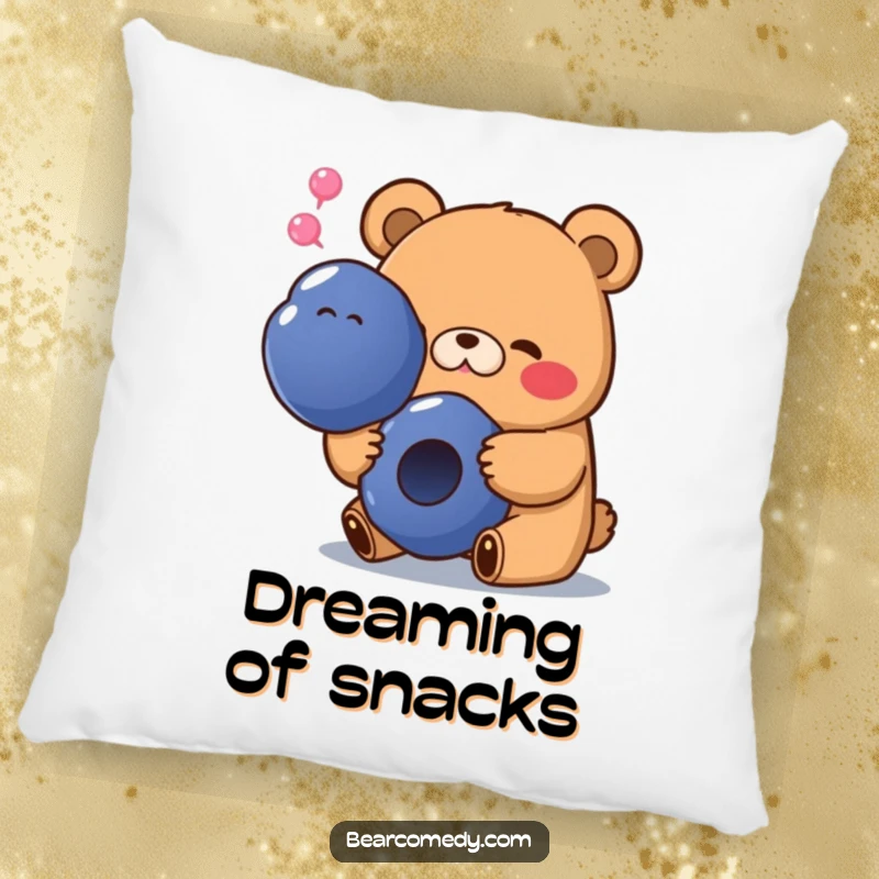 Funny pillow depicting a bear with a happy sigh, enjoying a giant blueberry, adding soft humor and comfort.
