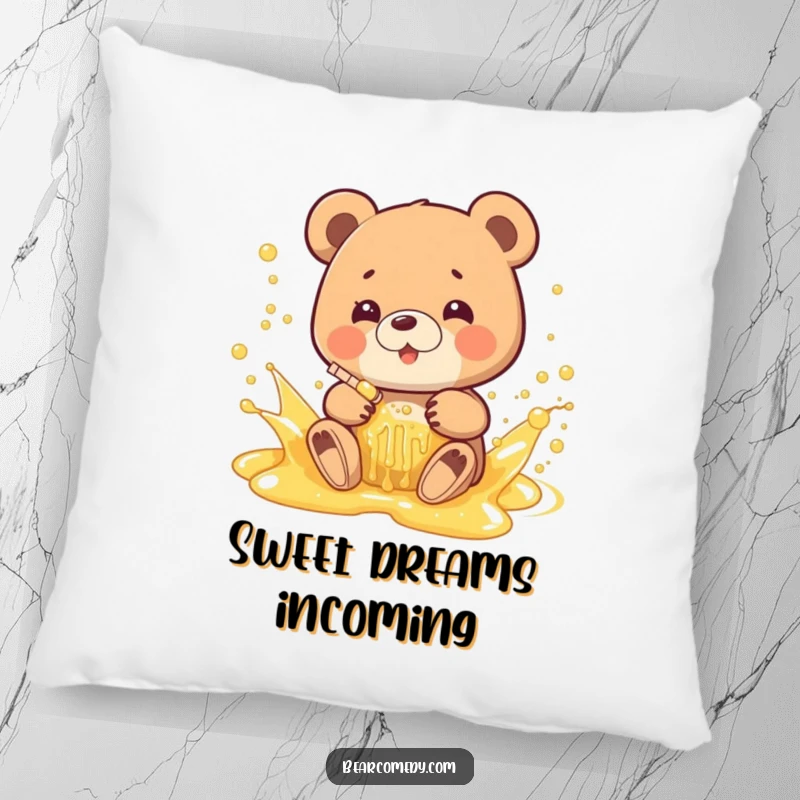Funny pillow showcasing a bear playfully splashing in a bubbly honey stream, adding a touch of sweet, humorous comfort.