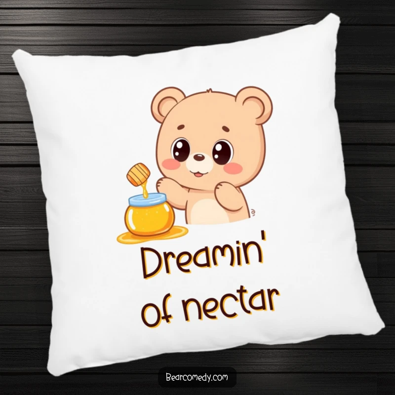 Funny pillow featuring a kawaii bear with big, happy eyes stretching towards a tempting honey pot, offering comfort and adorable charm.