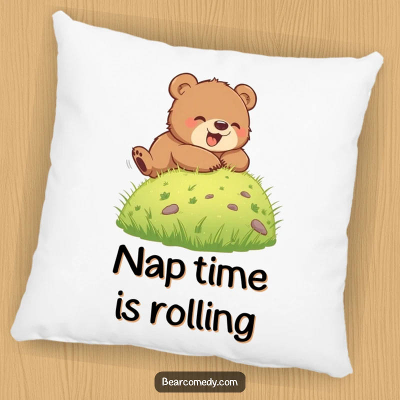 Funny pillow with a cute bear cub gleefully rolling down a grassy hill, offering a soft spot for comfort and a dose of lighthearted fun.