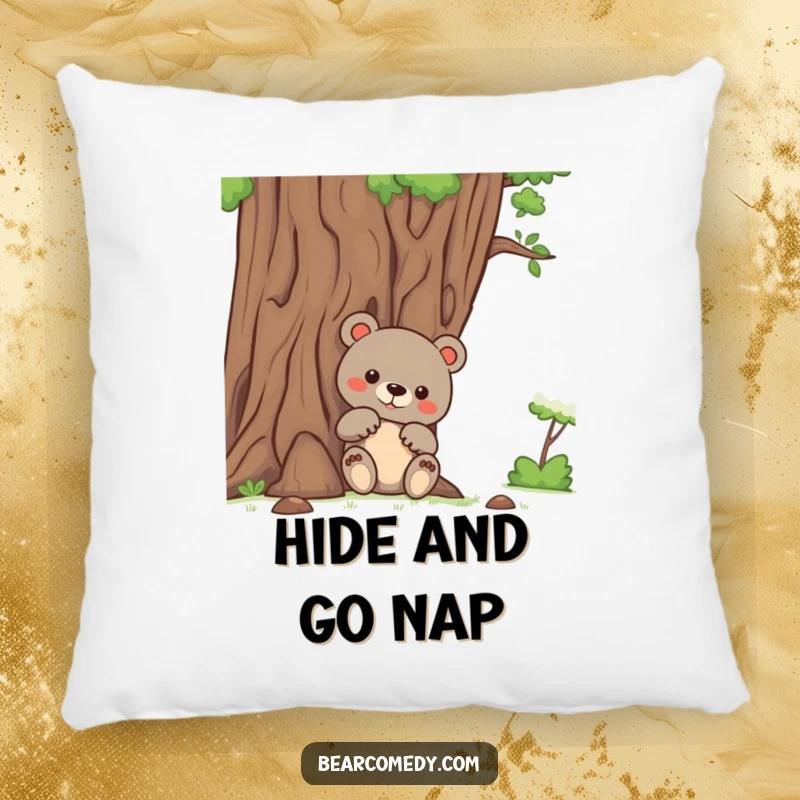 Funny bear pillow featuring a bear peeking from behind a friendly tree, offering comfort and a touch of playful intrigue.
