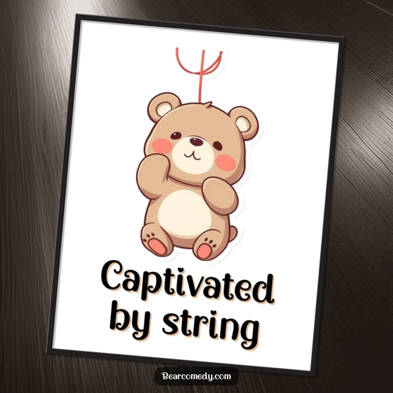 Funny bear digital art print of a playful bear character actively batting at a bright, dangling string with an engaged expression.