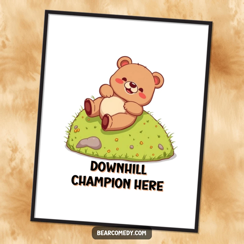 Funny Digital Art Print of a bear creature gleefully rolling down a grassy hill, capturing a moment of pure, hilarious, and joyful abandon.