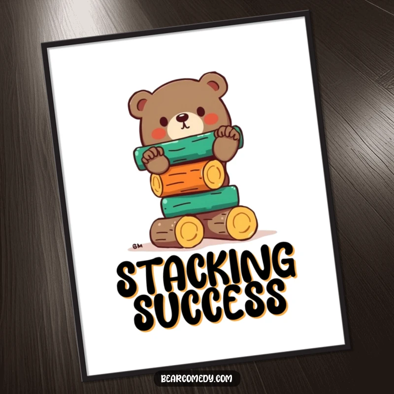Funny bear digital art print of a bear comically attempting to balance a stack of colorful logs, a humorous statement piece.