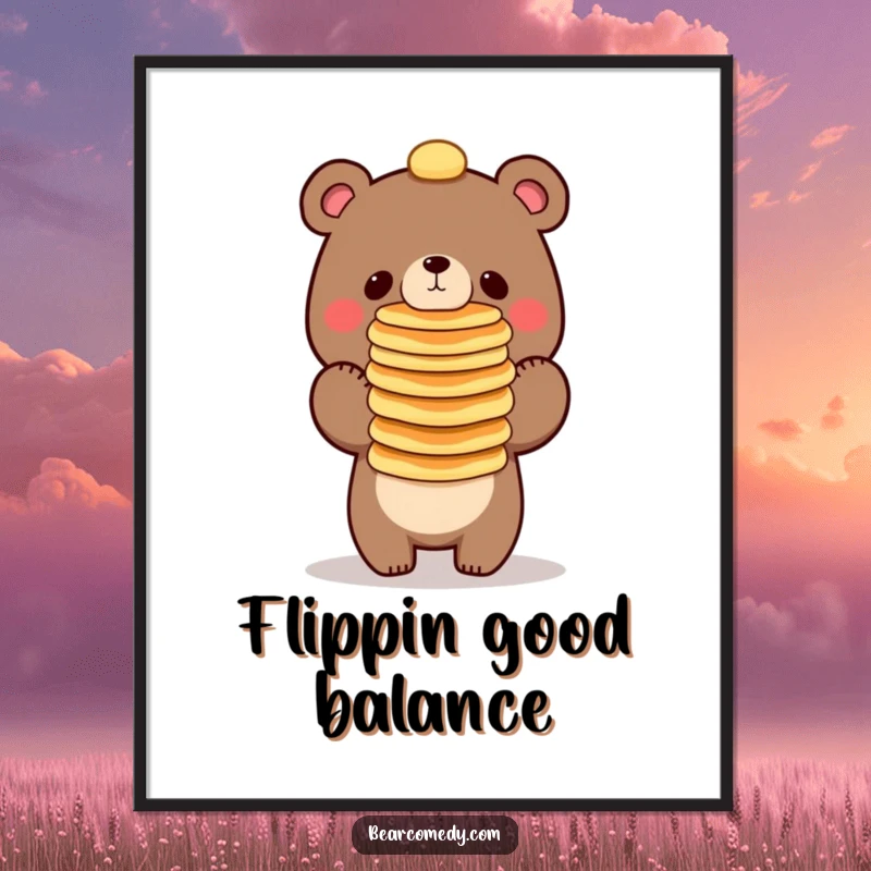 Funny bear character balancing a tall stack of pancakes on its nose, a digital art print for instant decor.