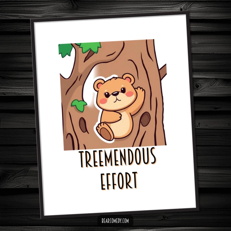 Funny Digital Art Print of a bear animal with a determined face, vigorously attempting to climb a tree, capturing amoment of pure, humorous determination.