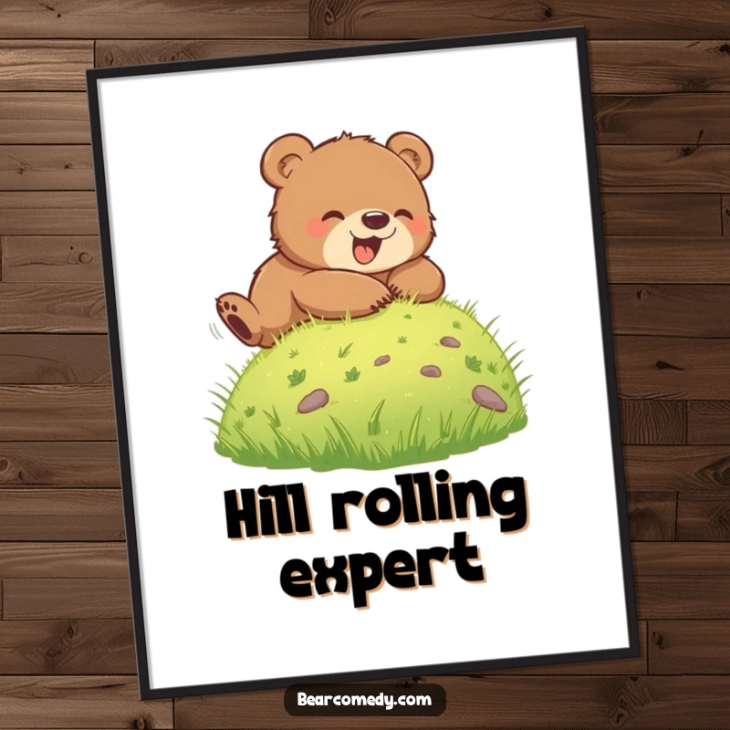 Funny digital art print of a bear cub blissfully rolling down a grassy hill, capturing pure happiness and playful energy for instant room decor.