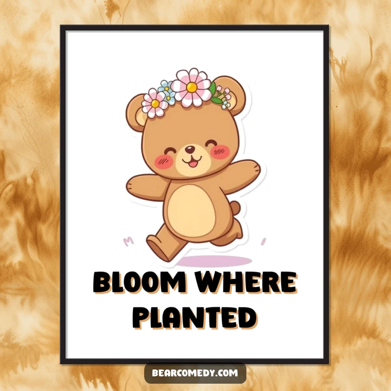 Funny bear digital art print of a bear character joyfully galloping with a charmingly askew flower crown, radiating happiness.