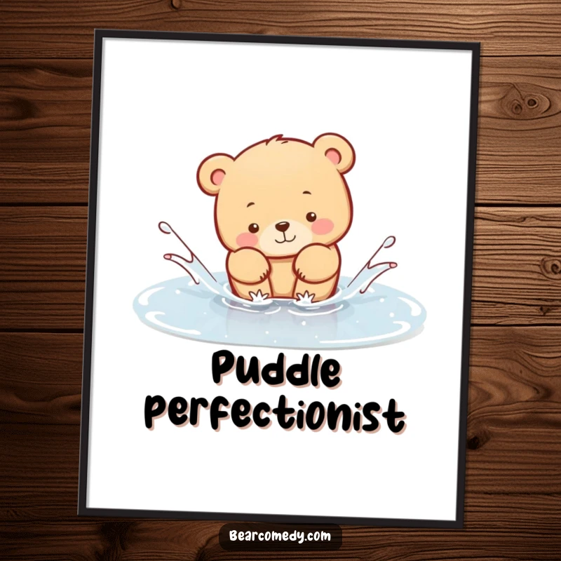 Funny Digital Art Print of a bear animal joyfully splashing in a clear puddle, capturing a moment of pure, adorable, wet-pawed fun.