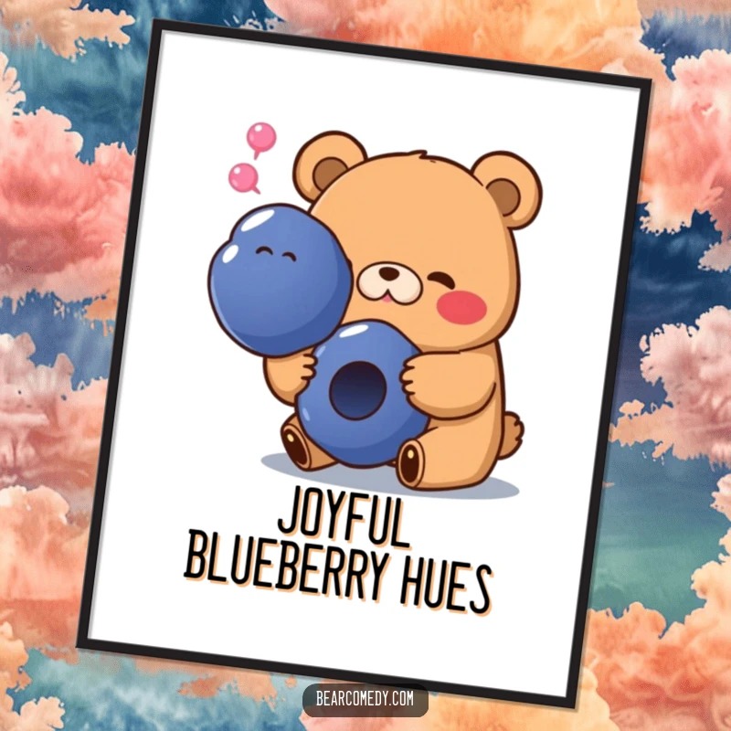 Funny digital art print of a bear with a happy sigh, blissfully munching on a giant blueberry, perfect for cheerful decor.