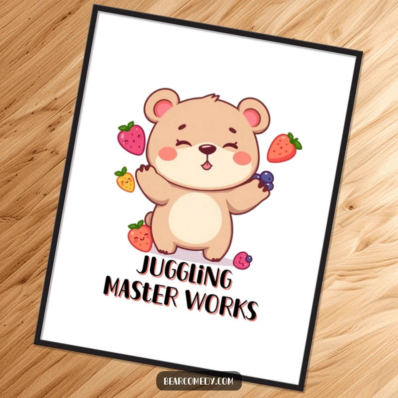 Funny Digital Art Print of a bear character with a goofy grin, comically juggling berries, capturing a moment of pure, silly, fruity fun.