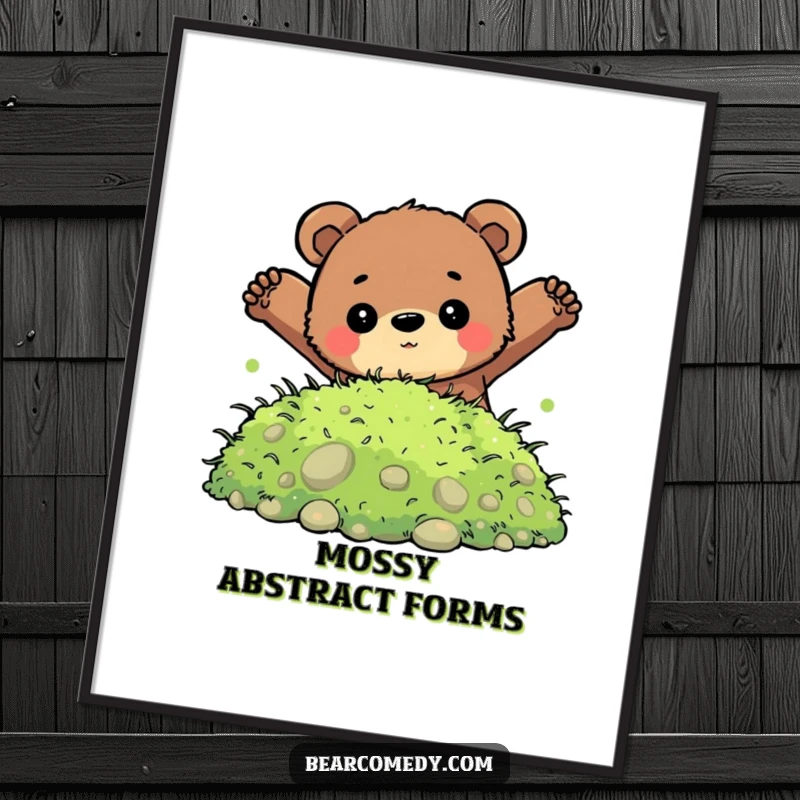 Funny digital art print of a bear with a determined look jumping into a soft pile of moss, perfect for inspiring decor.