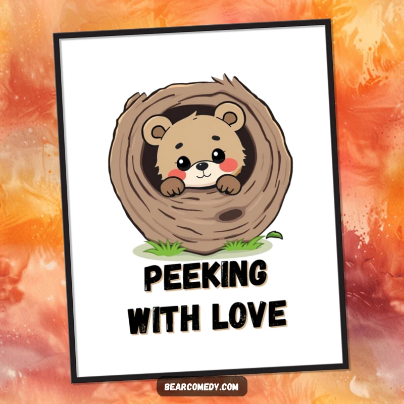 Funny curious bear peeking from behind a large, fallen log with a gentle gaze, a digital art print for decor.