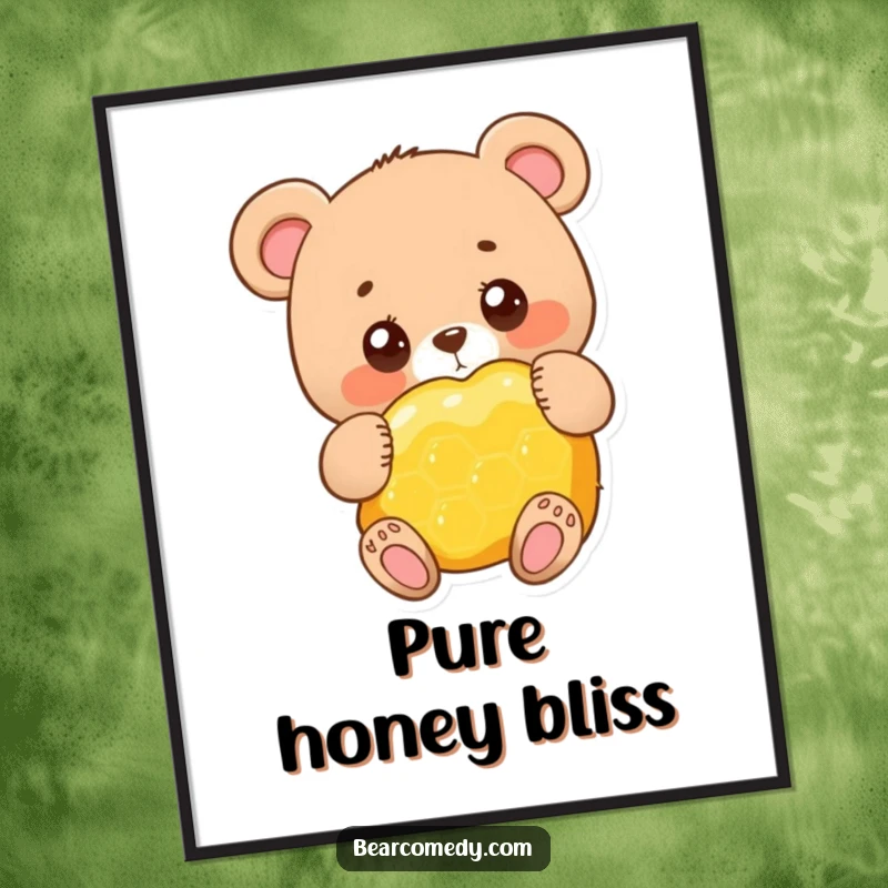 Funny adorable bear character with big round eyes, happily hugging a giant honeycomb, a digital art print for instant decoration.
