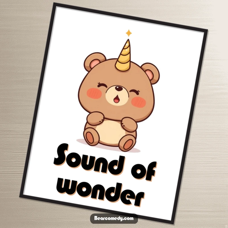 Funny bear digital art print of a bear character with rosy cheeks, about to blow a magical, glowing horn with hopeful anticipation.