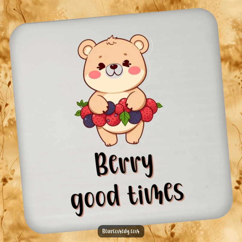 Funny bear coaster featuring a mischievous character balancing a stack of colorful berries with a wide, cheeky grin.