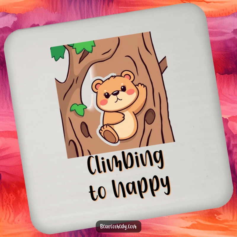 Funny Coaster featuring a bear animal with a determined face, trying to climb a tree, offering surface protection with a dose of humorous determination.