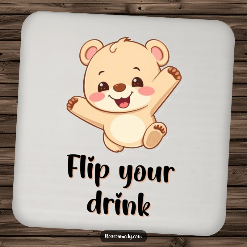 Funny drink coaster with a bear cub doing a somersault with a grin, adding a fun and protective touch to beverage service.