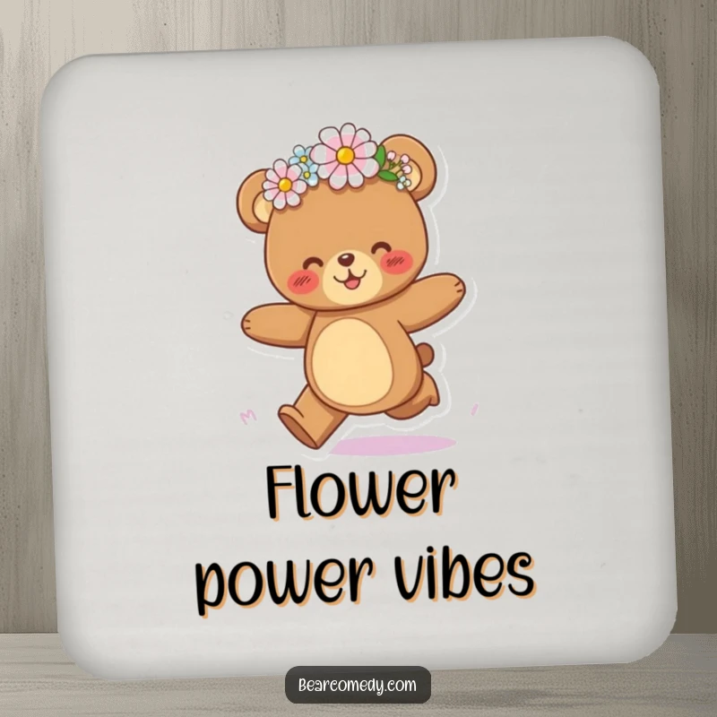 Funny bear coaster featuring a bear character joyfully galloping with a flower crown playfully askew, bringing cheer.