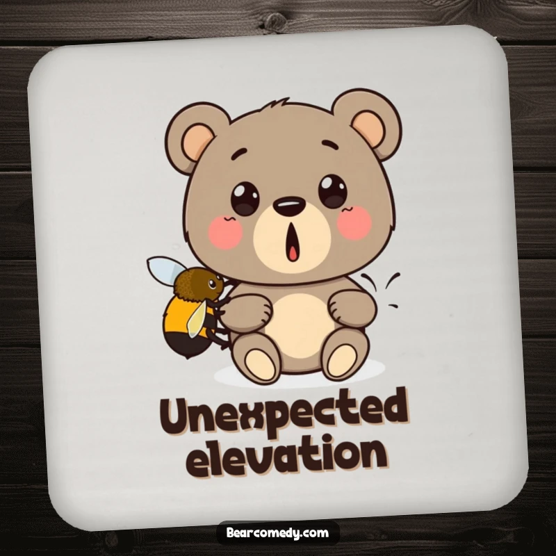 Funny coaster design: A surprised bear is gently lifted by a small bumblebee, adding a touch of humor to drink service.