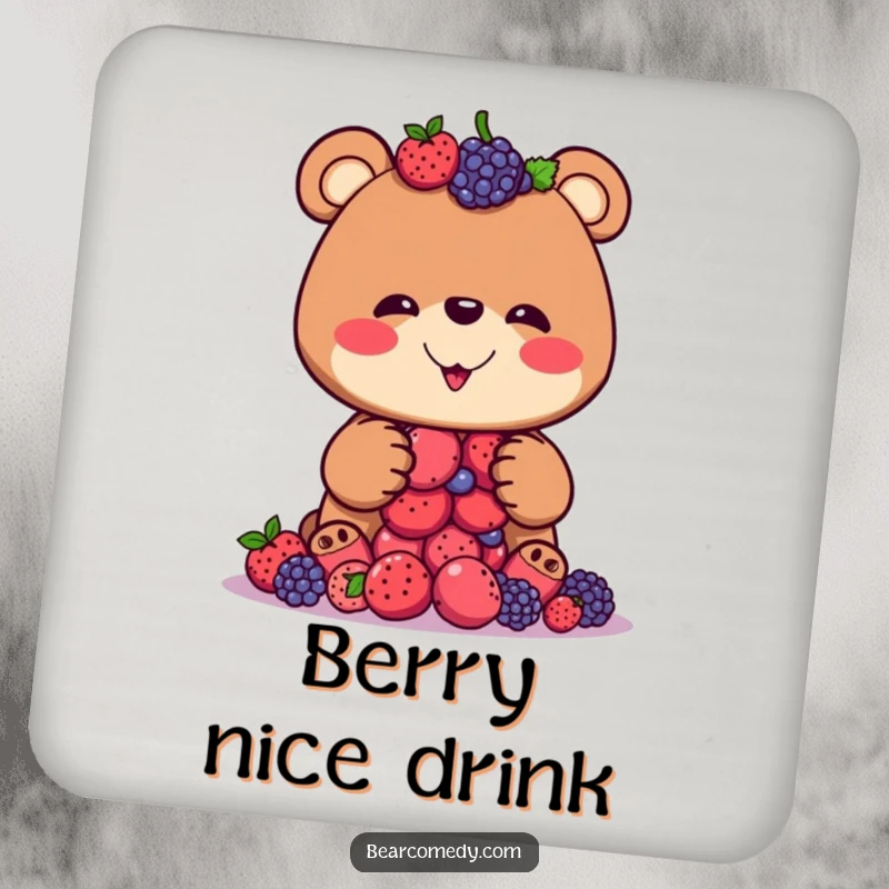 Funny drink coaster showcasing a bear with a silly grin balancing a stack of berries, protecting surfaces with humor.