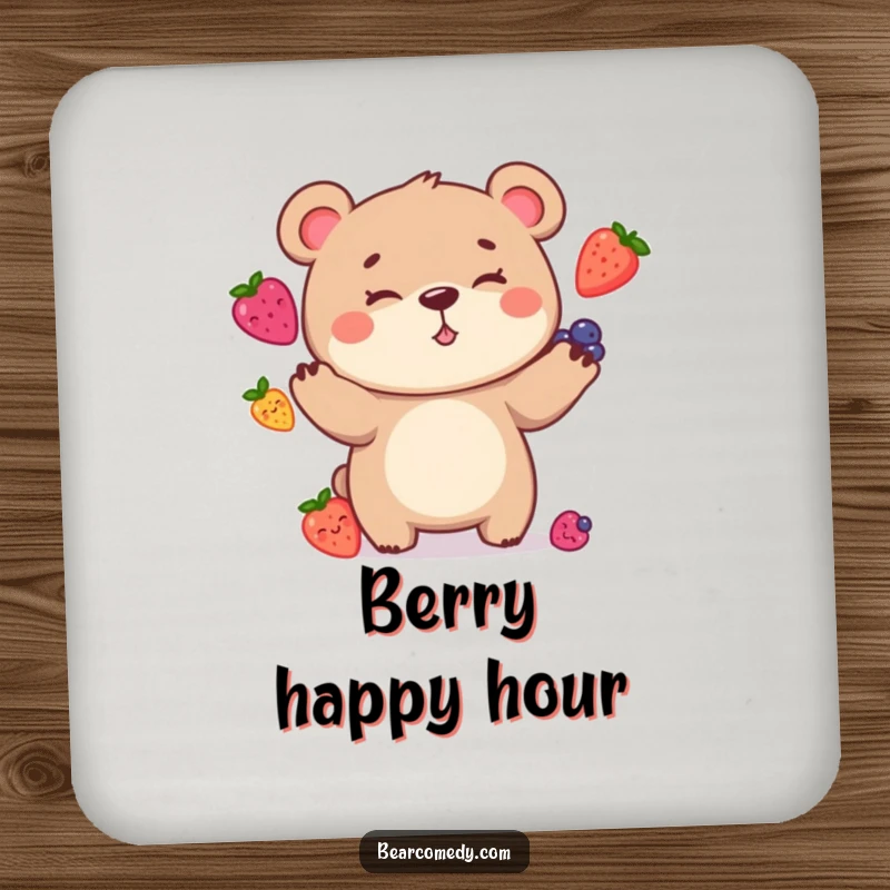 Funny Coaster featuring a bear character with a goofy grin, hilariously juggling berries, offering surface protection with a dose of humor.