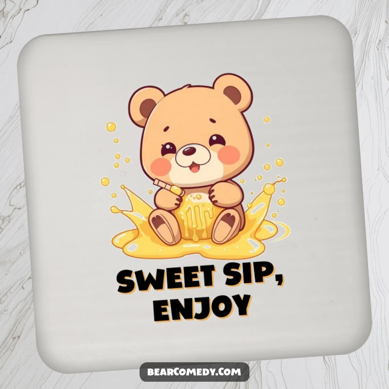 Funny drink coaster depicting a bear joyfully splashing in a bubbly honey stream, adding sweet humor to tabletops.