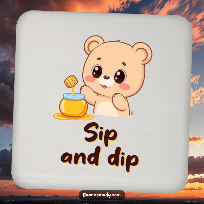 Funny drink coaster featuring a kawaii bear reaching for a honey pot, perfect for protecting surfaces with a sweet and humorous touch.