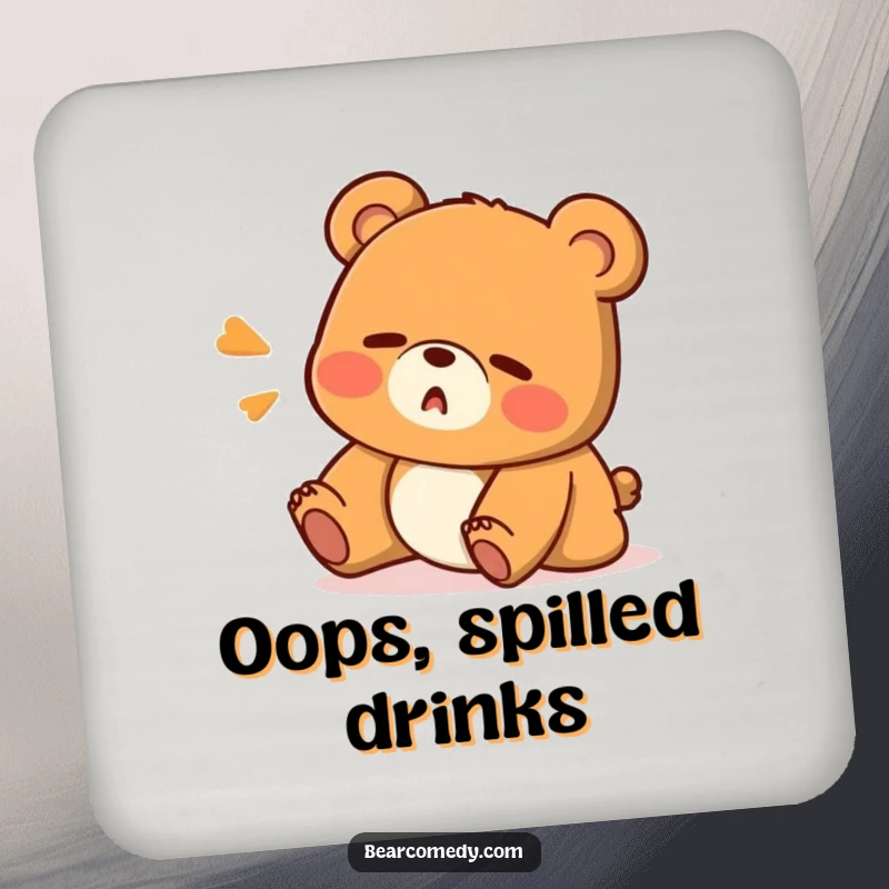 Funny drink coasters featuring a bear character stumbling with a surprised 'Oops!' expression, protecting surfaces with humorous artwork.