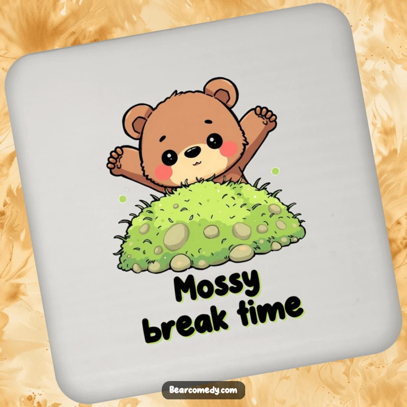 Funny drink coaster depicting a bear with a determined look jumping into a pile of soft moss, adding adventurous humor.