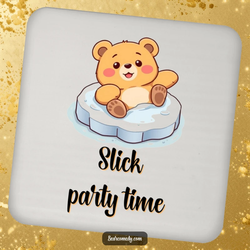 Funny drink coaster showing a bear character comically sliding on a slick ice patch with surprised delight, adding humor to your table.