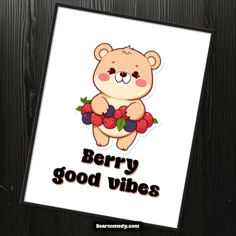 Funny bear poster art featuring a mischievous bear with a grin, expertly balancing a tall stack of colorful berries.
