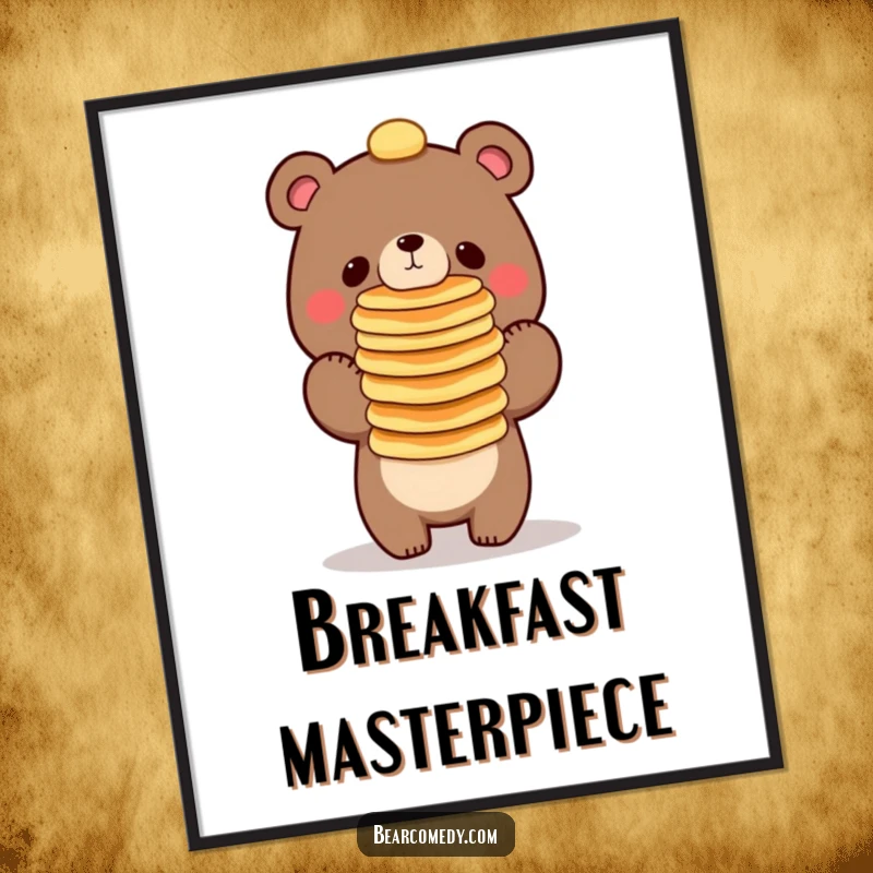 Funny bear character balancing a tall stack of pancakes on its nose, a humorous poster for wall decor.
