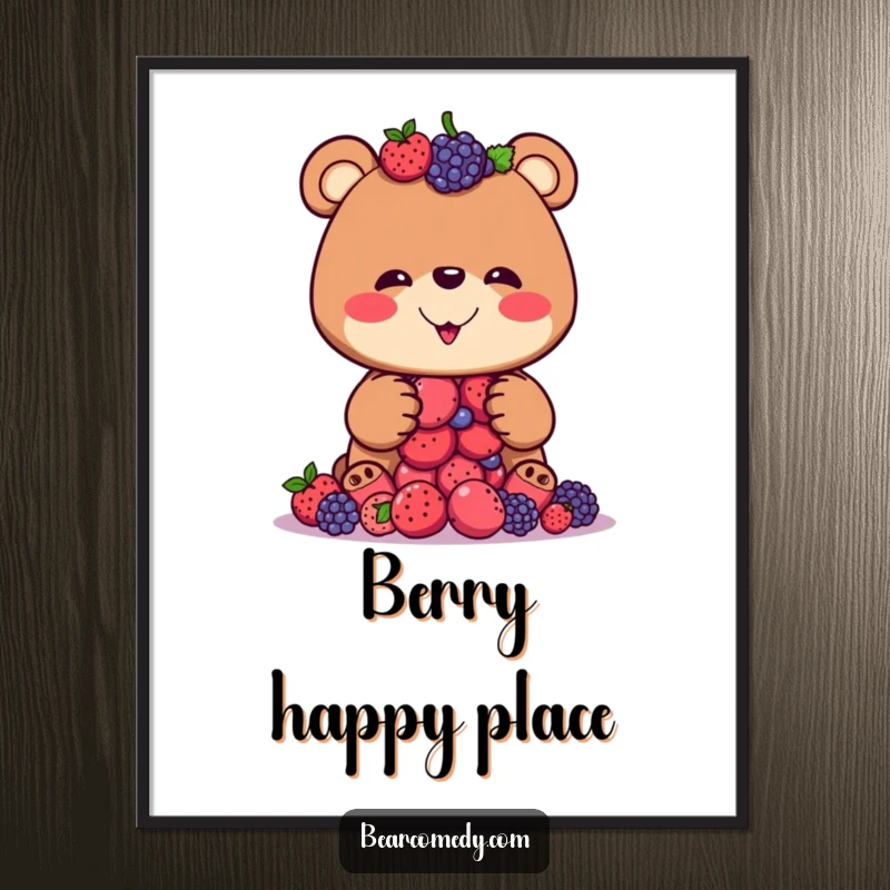 Funny poster featuring a bear with a silly grin precariously balancing a large stack of berries, adding humor to decor.