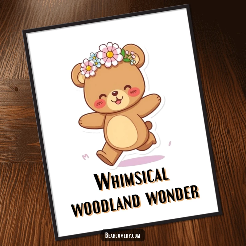 Funny bear poster art of a bear character joyfully galloping with a charmingly askew flower crown, radiating pure happiness.