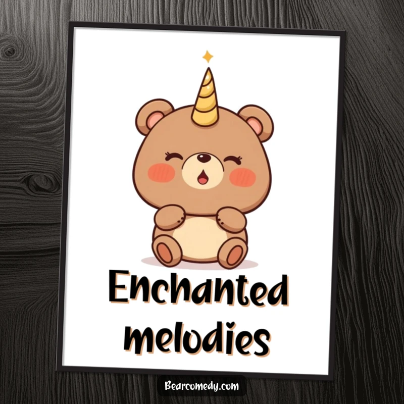 Funny bear poster art of a bear character with rosy cheeks, about to blow a magical, glowing horn with hopeful anticipation.