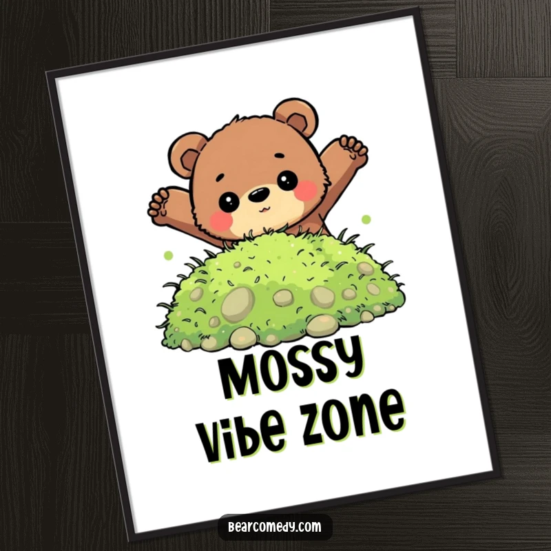 Funny poster featuring a bear with a determined look, jumping into a soft pile of moss, perfect for inspiring adventurous decor.