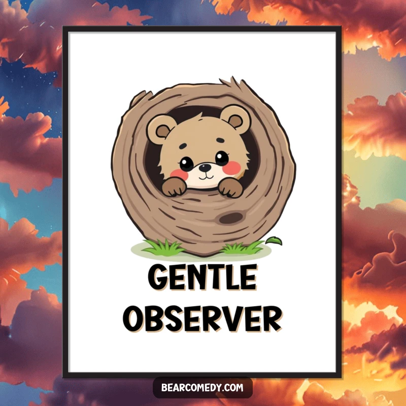 Funny curious bear peeking from behind a large, fallen log with a gentle gaze, a beautiful poster for wall decor.