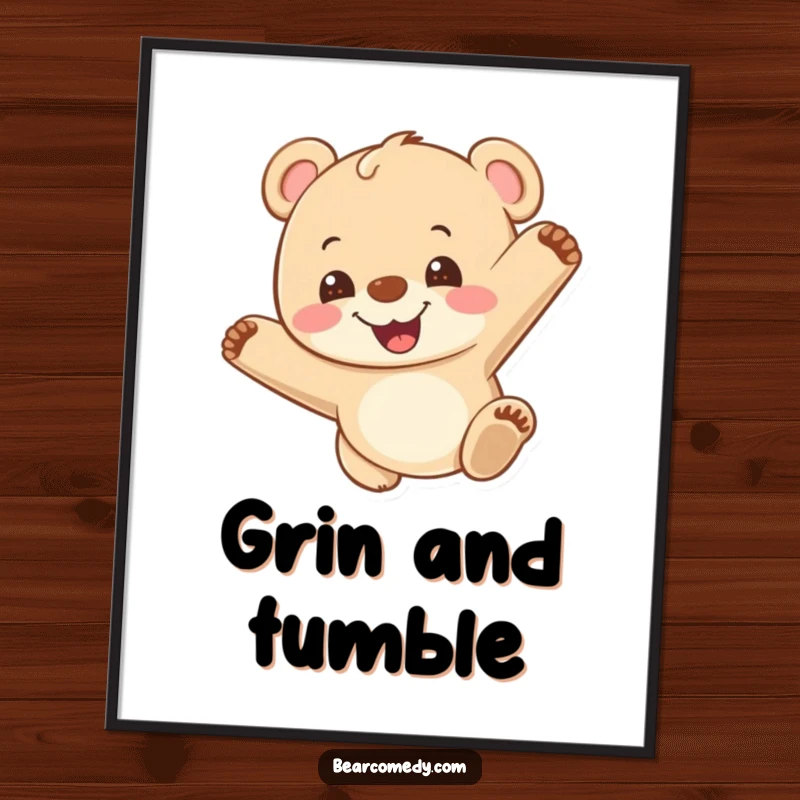 Funny poster art of a grinning bear cub doing a joyful somersault, capturing a moment of pure exhilaration and playful spirit.