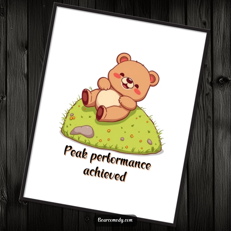 Funny Poster displaying a bear creature joyfully rolling down a grassy hill, capturing a moment of pure, silly, and heartwarming fun.