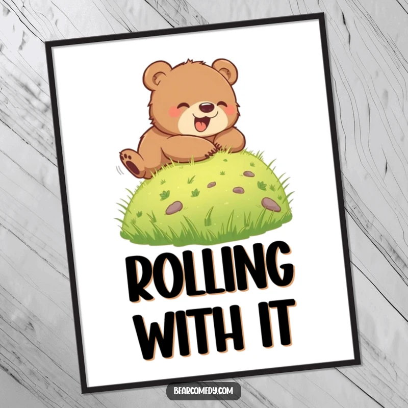 Funny poster art of a bear cub joyfully rolling down a vibrant green hill, capturing a moment of pure bliss and playful abandon.