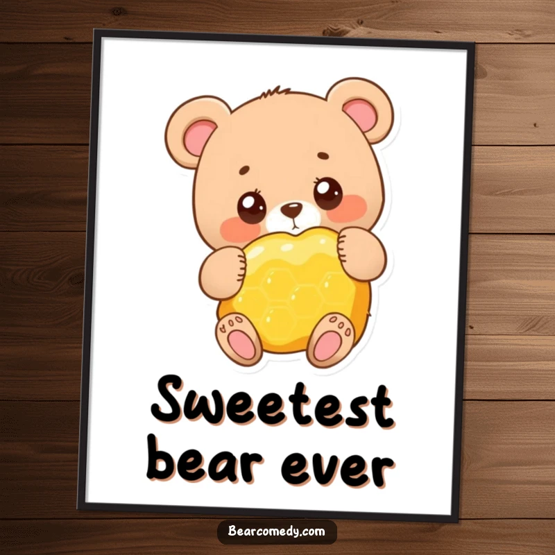 Funny adorable bear character with big round eyes, happily hugging a giant honeycomb, a large poster for wall decoration.