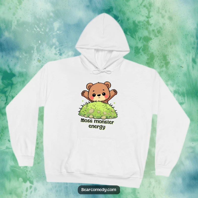 Funny hoodie with a determined bear character jumping into a soft pile of moss, perfect for adventurers and cozy days.