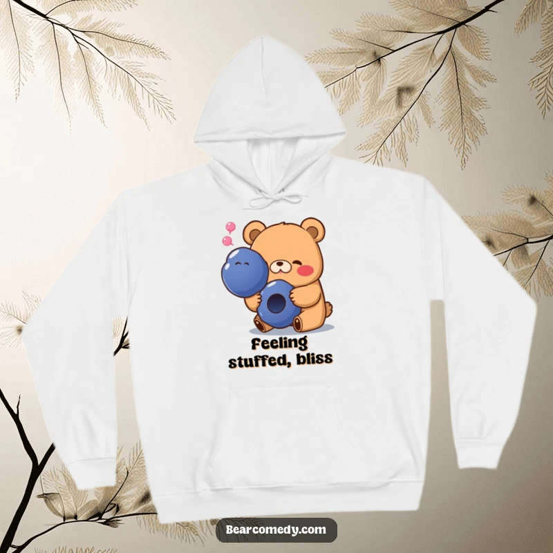 Funny hoodie featuring a bear with a happy sigh, enjoying a massive blueberry, perfect for ultimate comfort and smiles.