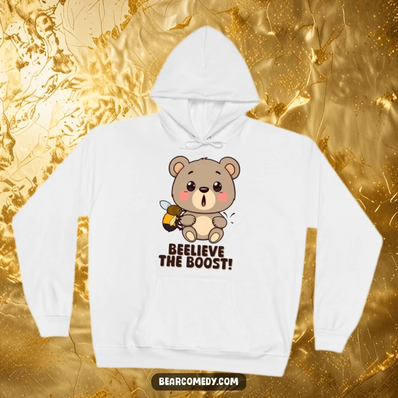 Funny hoodie graphic showing a startled bear being lifted by a small, determined bumblebee, a humorous and heartwarming scene.