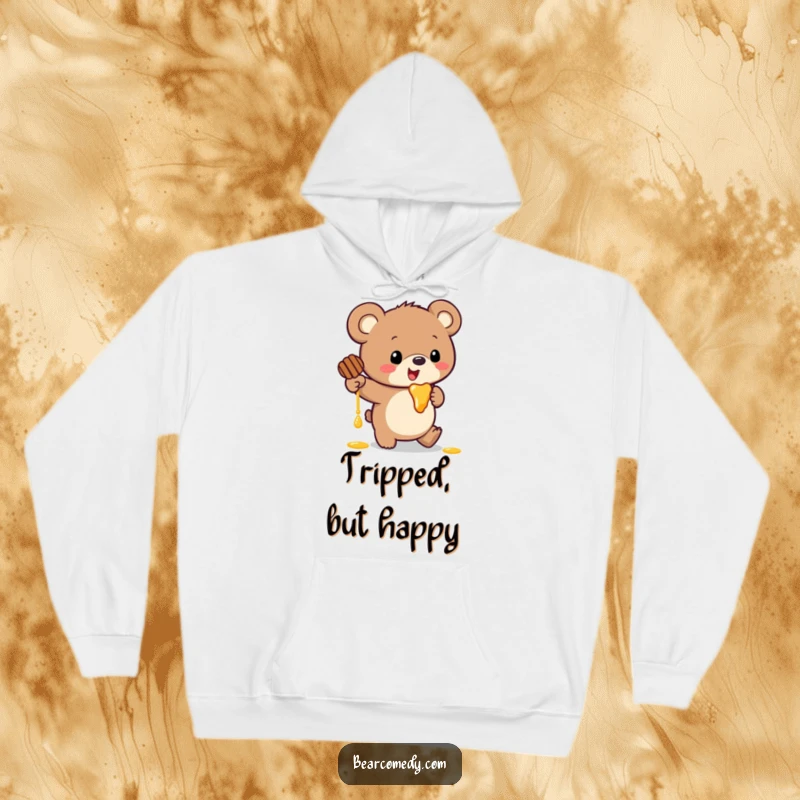 Funny hoodie illustrating a bear with enormous ears comically tripping and dropping a sticky pot of honey.