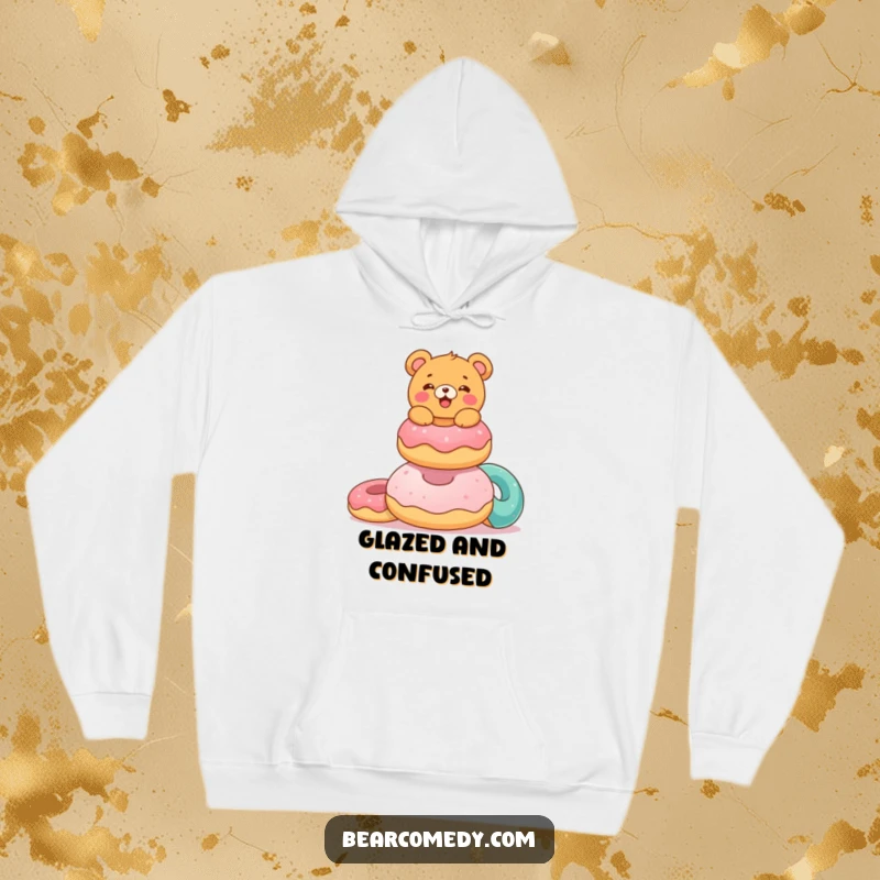 Funny hoodie featuring a delighted bear characterebalancing a stack of colorful, giant donuts, perfect for cozy days and sweet treats.