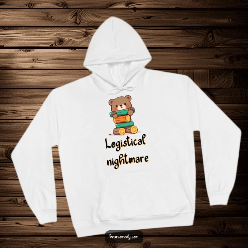 Funny bear hoodie showcasing a determined bear comically trying to balance a massive pile of colorful logs, perfect for a good laugh.