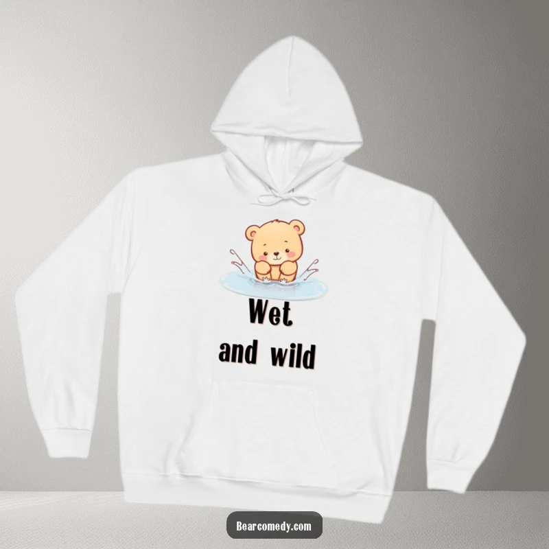 Funny Hoodie featuring a happy bear animal splashing enthusiastically in a puddle, bringing cozy comfort and a splash of humor.