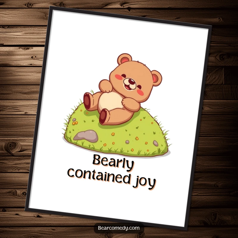 Funny Free Printable Wall Art: A happy bear creature rolling down a grassy hill, exuding pure, uninhibited joy.